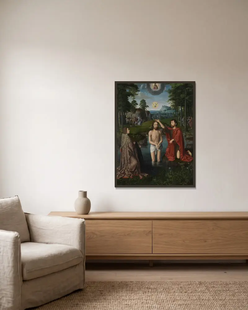 Taufe Christi von Gerard David gerahmt an einer Wand