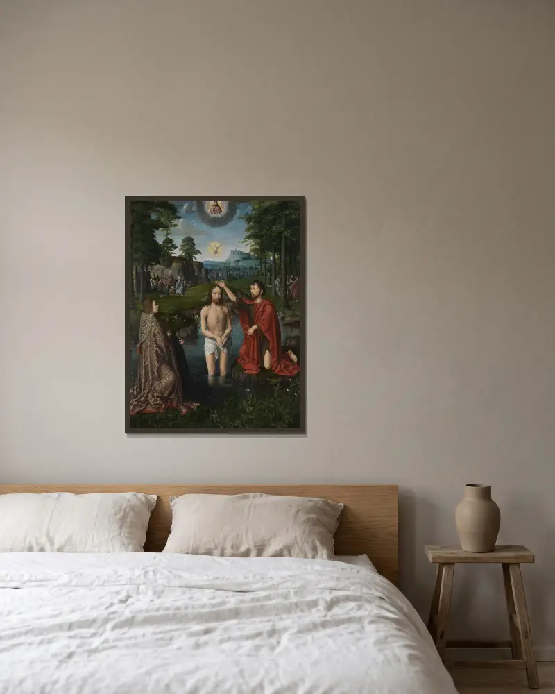 Taufe Christi von Gerard David gerahmt an einer Wand