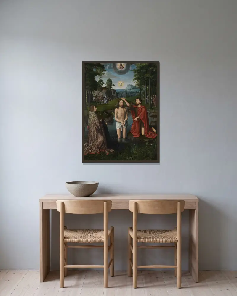 Taufe Christi von Gerard David gerahmt an einer Wand