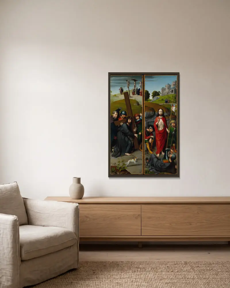 Kristus bär korset, med korsfästelsen; Uppståndelsen, med pilgrimerna i Emmaus av Gerard David inramad på en vägg
