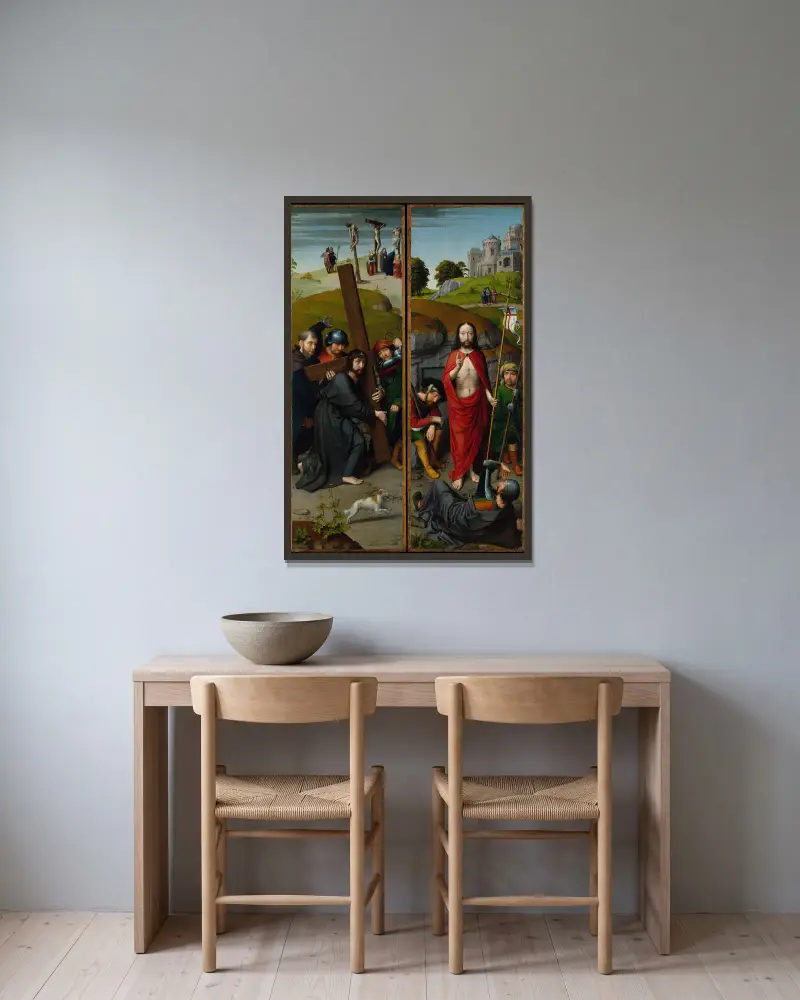 Kristus bär korset, med korsfästelsen; Uppståndelsen, med pilgrimerna i Emmaus av Gerard David inramad på en vägg