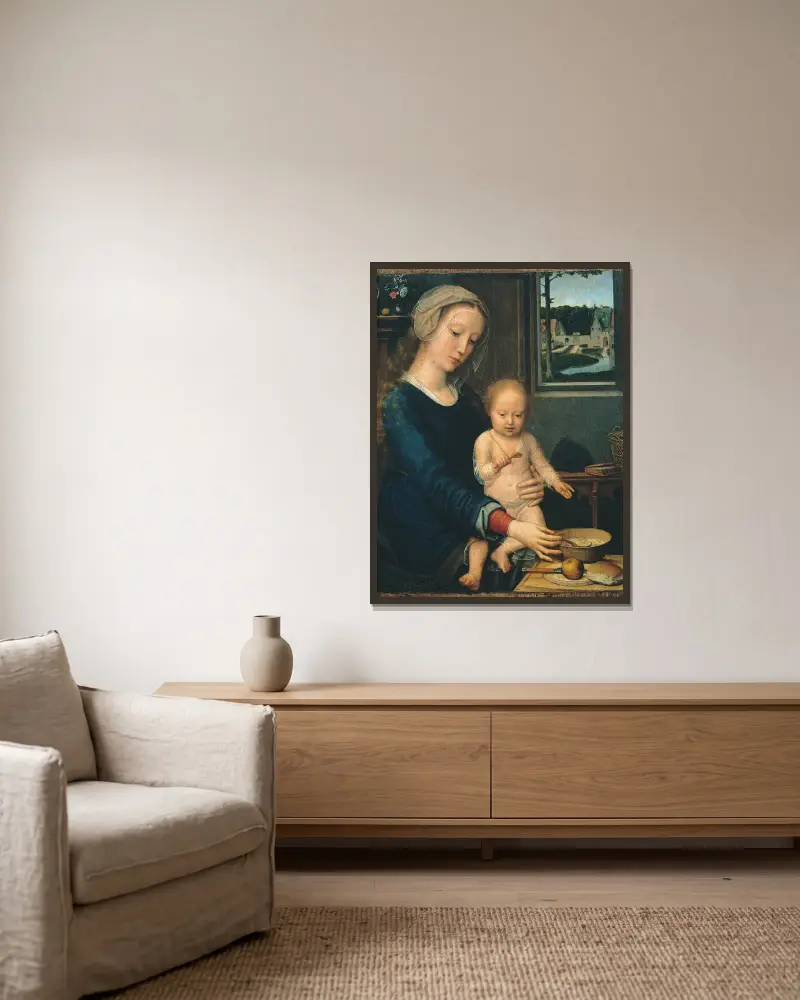 Madonna and Child with the Milk Soup av Gerard David inramad på en vägg