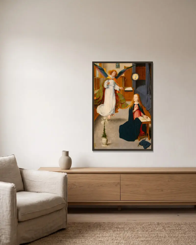 The Annunciation, 1490 av Gerard David inramad på en vägg