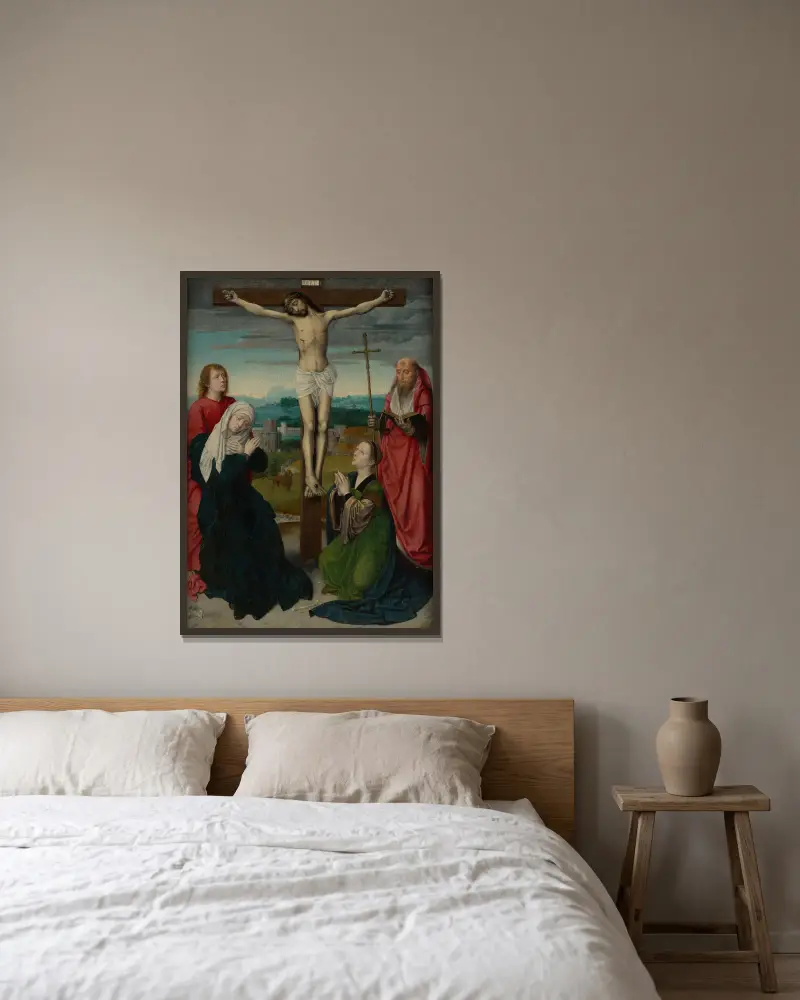 The Crucifixion av Gerard David inramad på en vägg