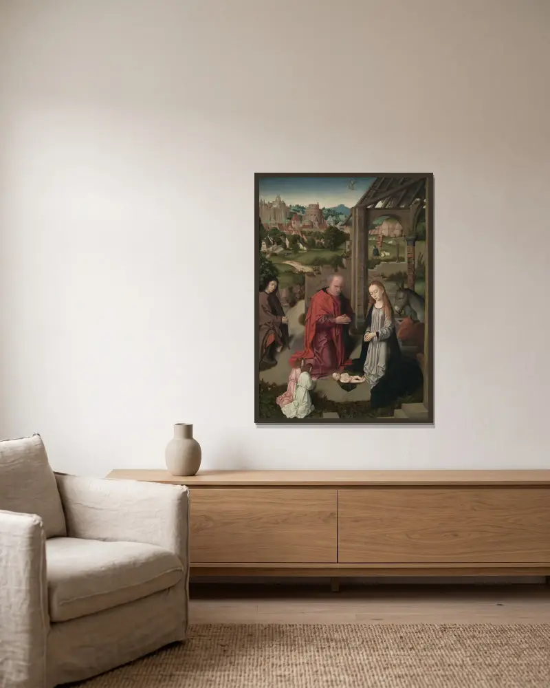 The Nativity, 1485 av Gerard David inramad på en vägg