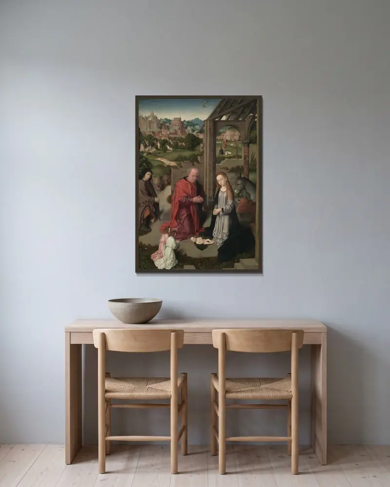 The Nativity, 1485 av Gerard David inramad på en vägg