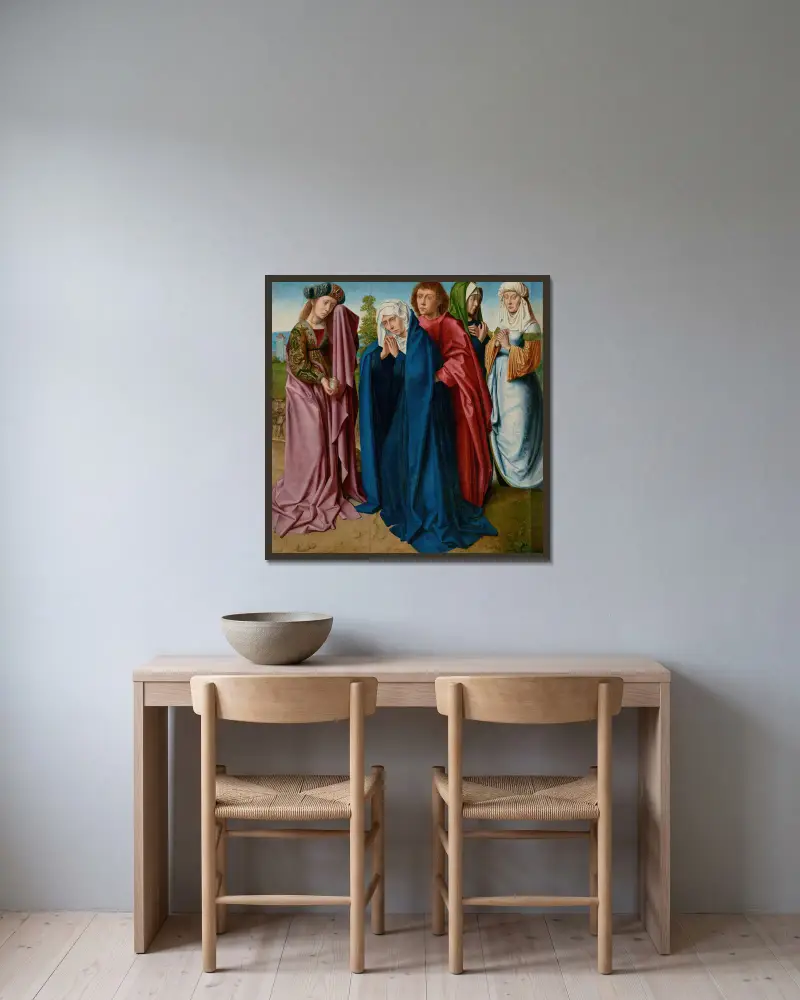 The Virgin, Saint John and the Three Maries av Gerard David inramad på en vägg