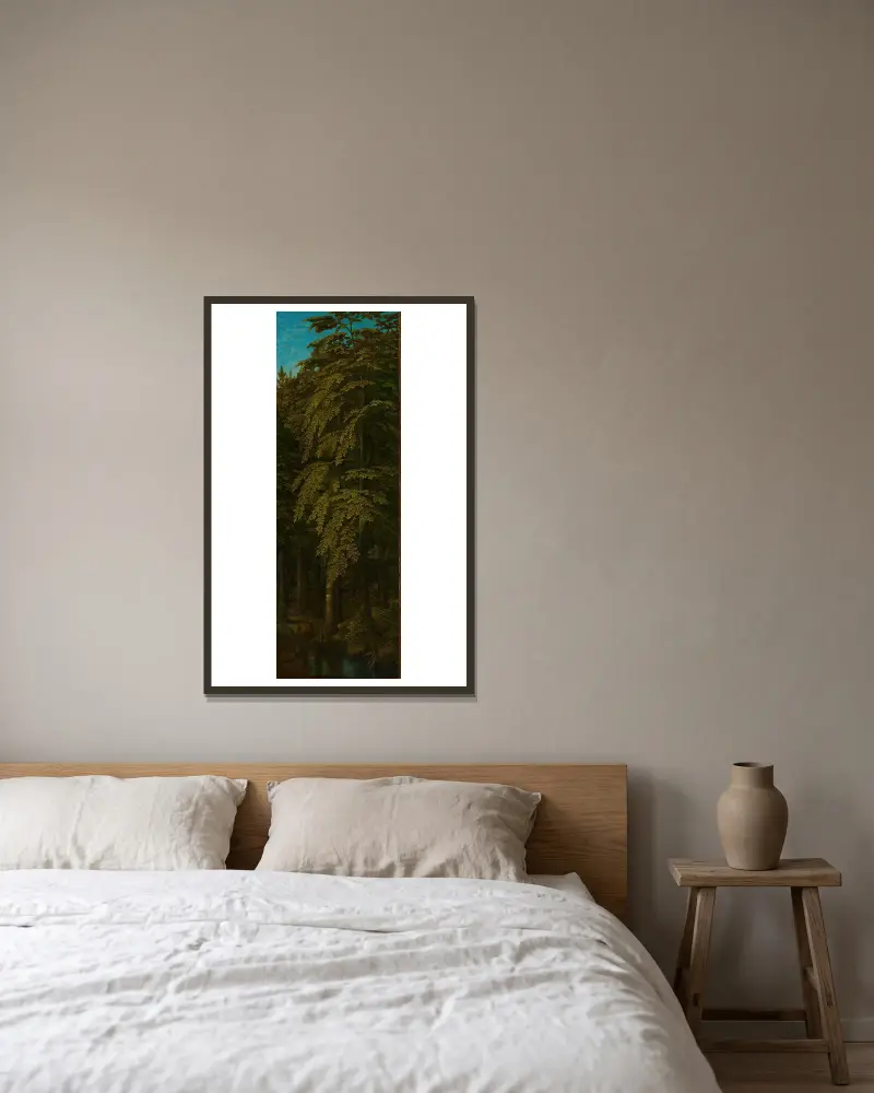 Vy i en skog, yttre högra flygeln av en triptyk av Gerard David inramad på en vägg