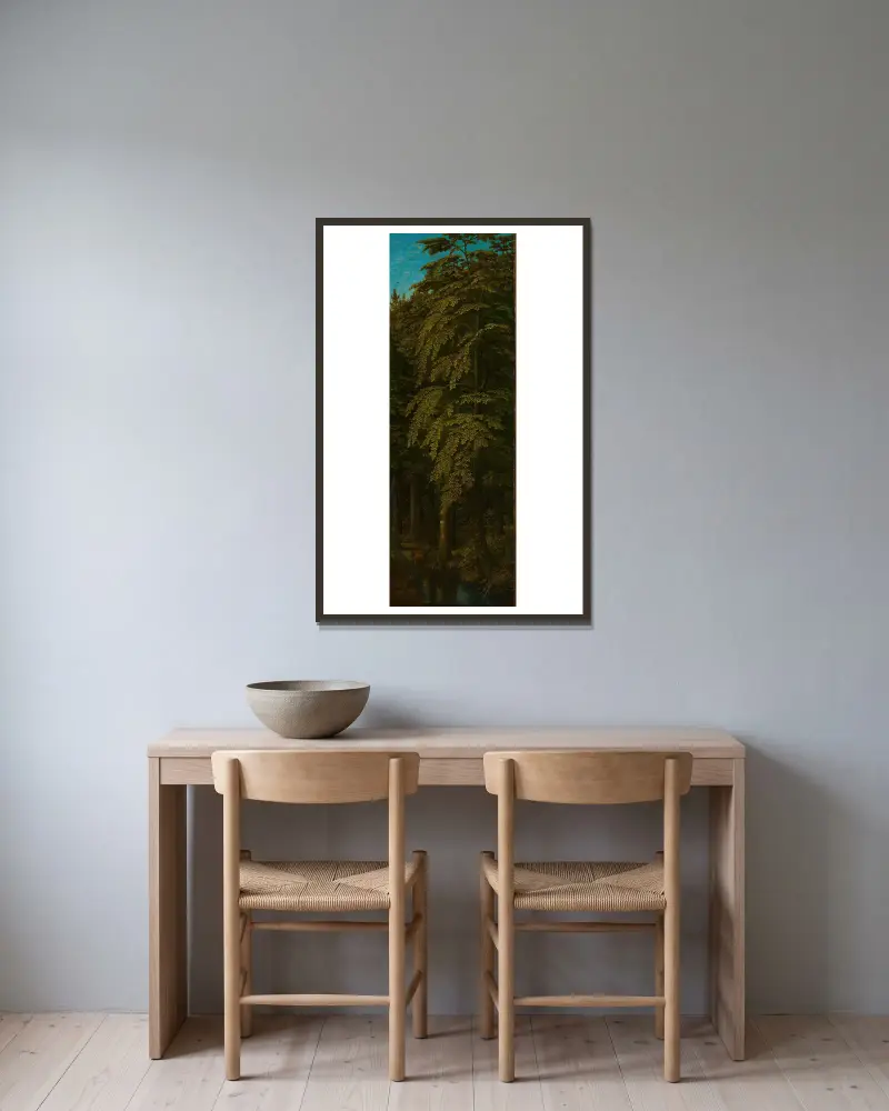 Vy i en skog, yttre högra flygeln av en triptyk av Gerard David inramad på en vägg