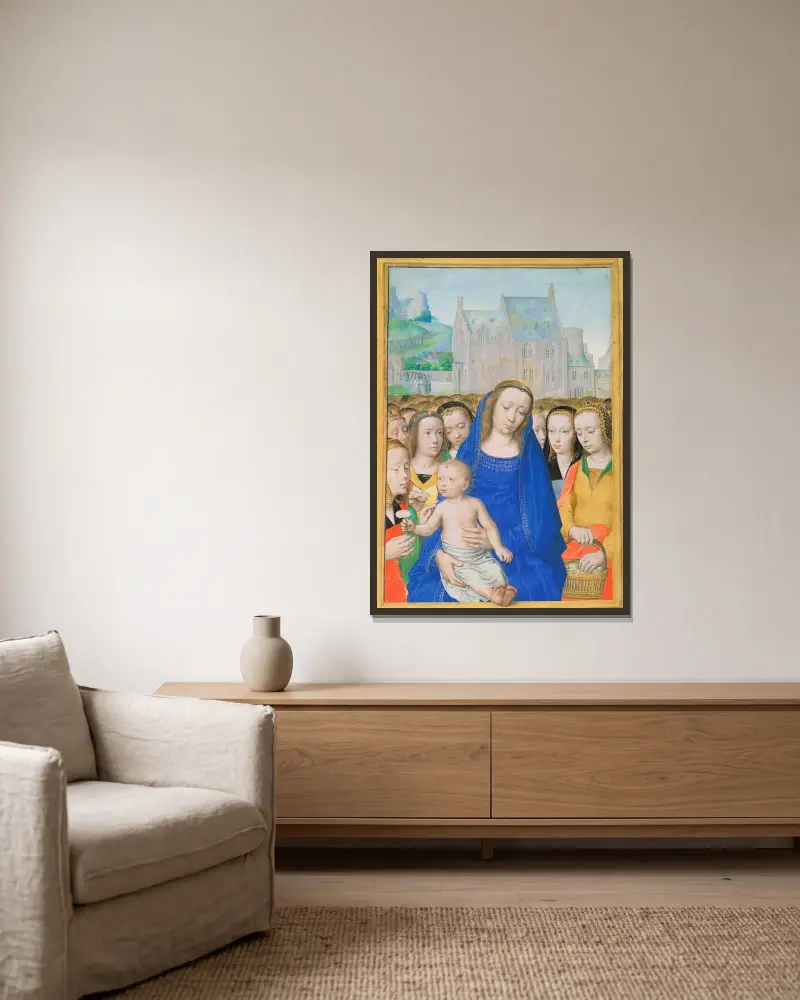 Jungfrau und Kind mit weiblichen Heiligen von Gerard David gerahmt an einer Wand