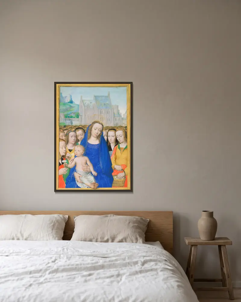 Jungfrau und Kind mit weiblichen Heiligen von Gerard David gerahmt an einer Wand