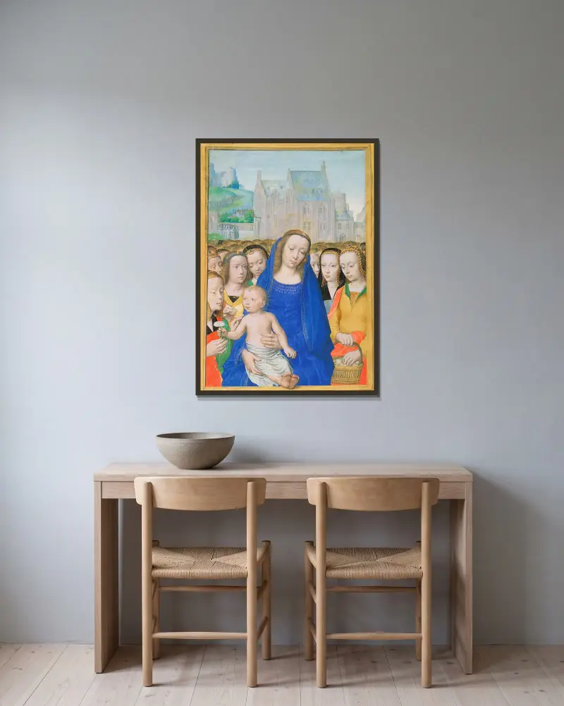 Jungfrau und Kind mit weiblichen Heiligen von Gerard David gerahmt an einer Wand