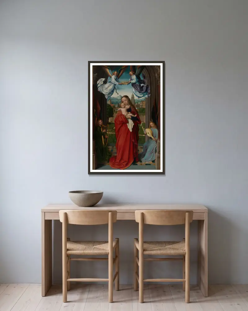 Virgin and Child with Four Angels av Gerard David inramad på en vägg