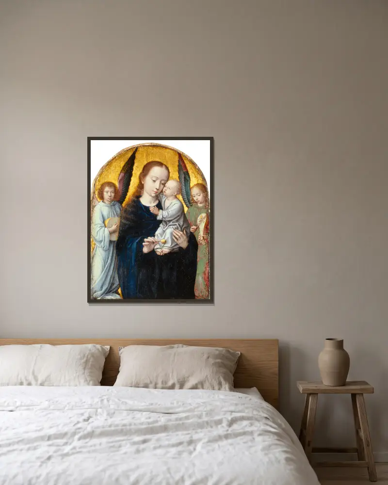 Virgin with Child between Angels playing Music av Gerard David inramad på en vägg