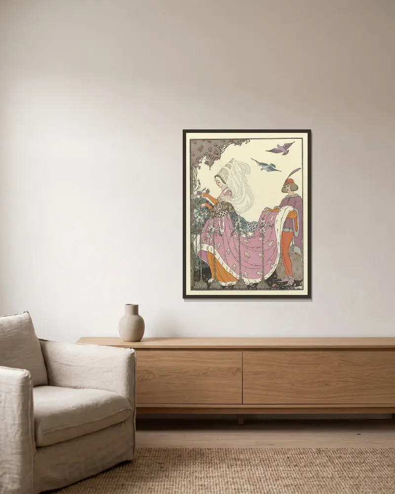 Die schöne Blumenpflückerin von Gerda Wegener gerahmt an einer Wand