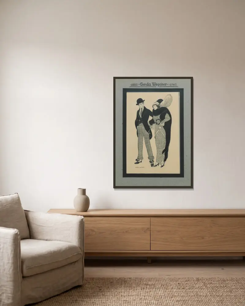 Man and Woman av Gerda Wegener inramad på en vägg