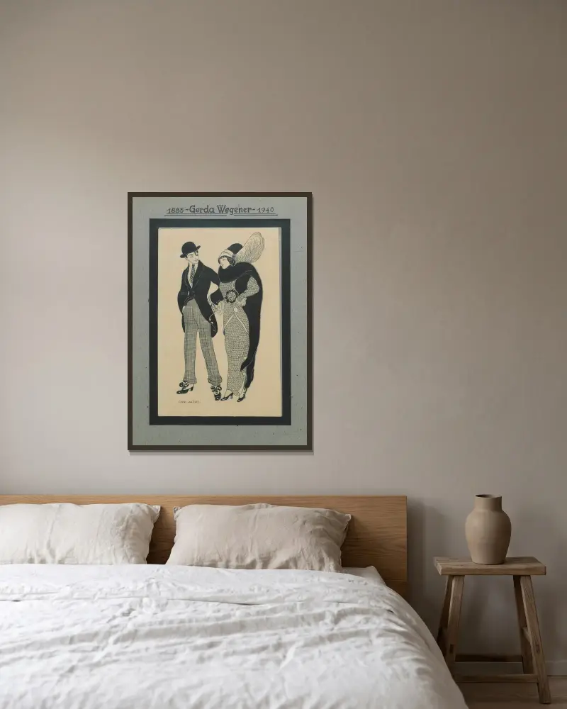 Man and Woman av Gerda Wegener inramad på en vägg