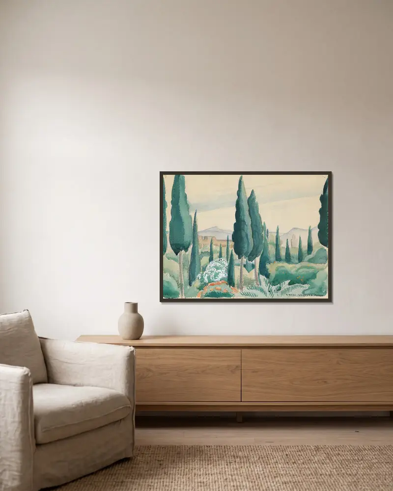 Blick über marokkanische Landschaft, im Vordergrund Pinien von Gerda Wegener gerahmt an einer Wand