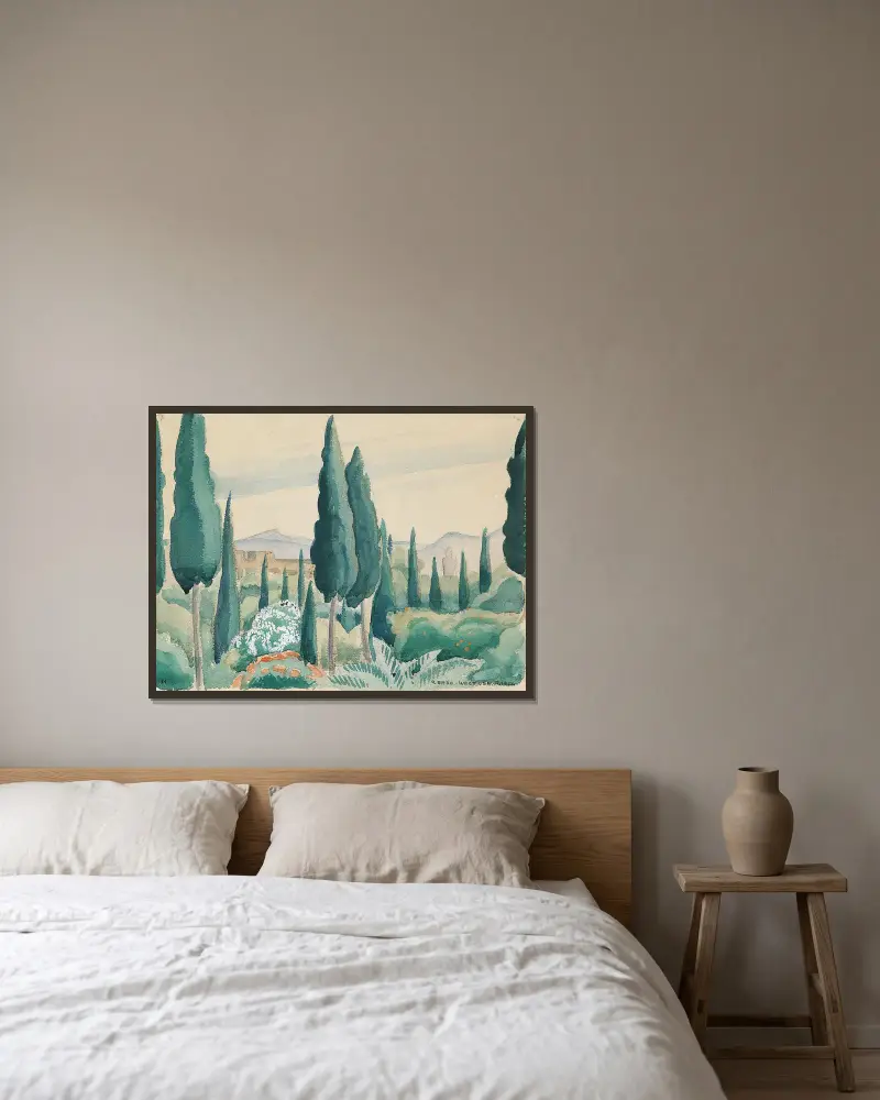 Blick über marokkanische Landschaft, im Vordergrund Pinien von Gerda Wegener gerahmt an einer Wand