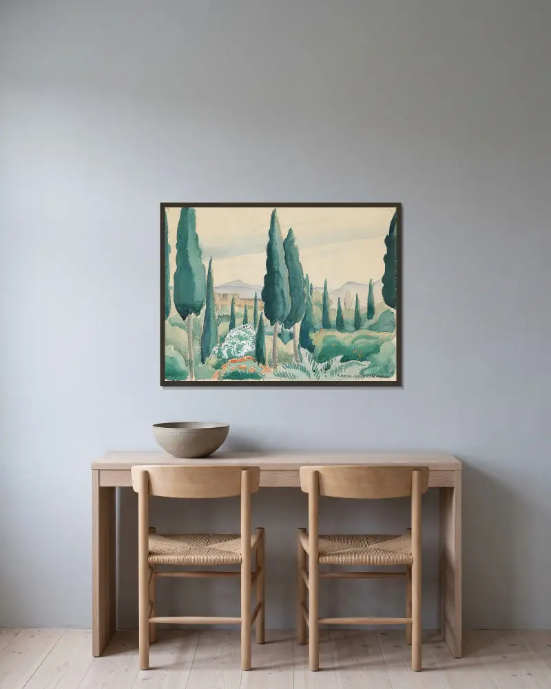 Blick über marokkanische Landschaft, im Vordergrund Pinien von Gerda Wegener gerahmt an einer Wand