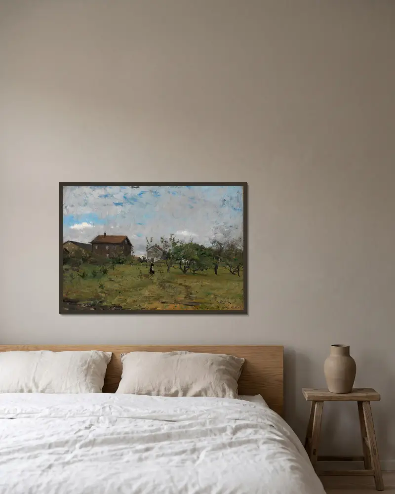 Farm at Hedmark av Gerhard Munthe inramad på en vägg