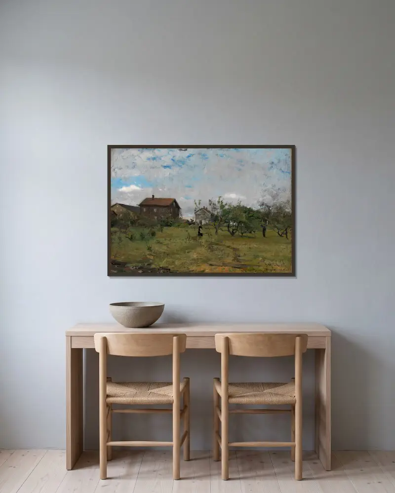 Farm at Hedmark av Gerhard Munthe inramad på en vägg