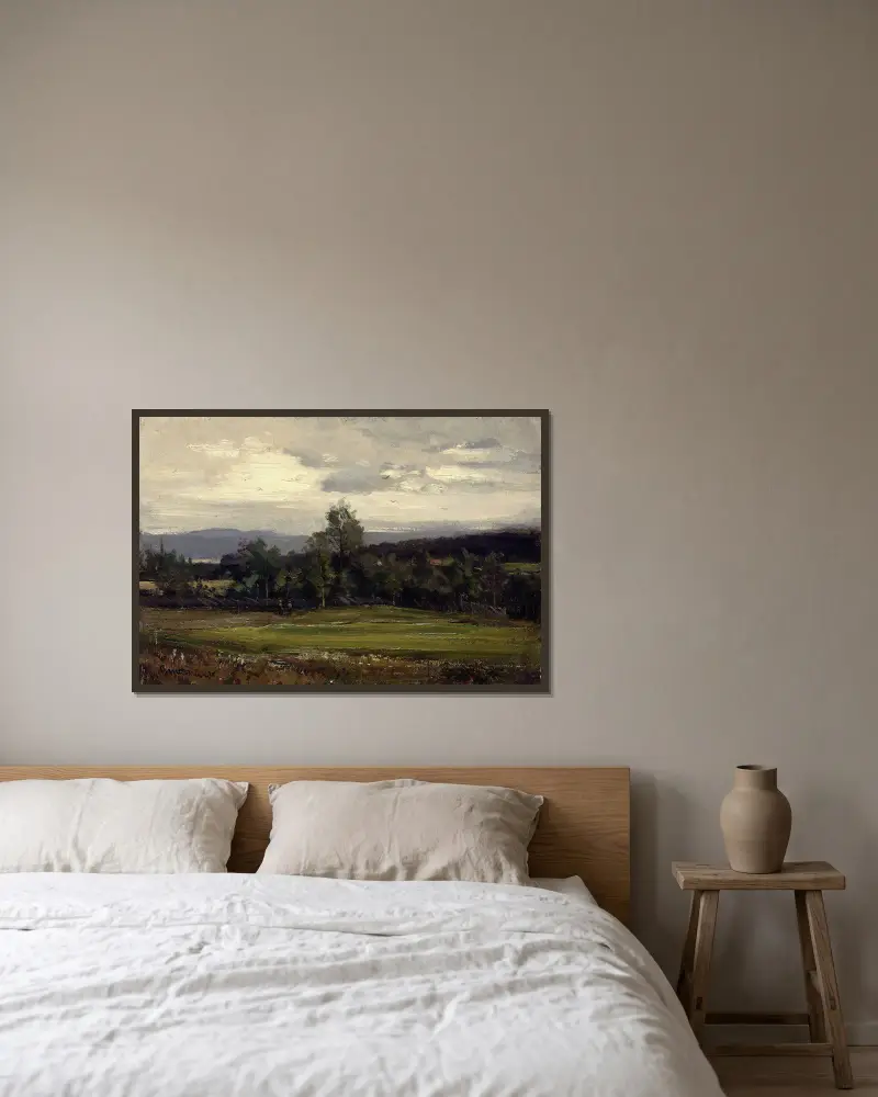 Felder bei Hedmark im Sommer von Gerhard Munthe gerahmt an einer Wand