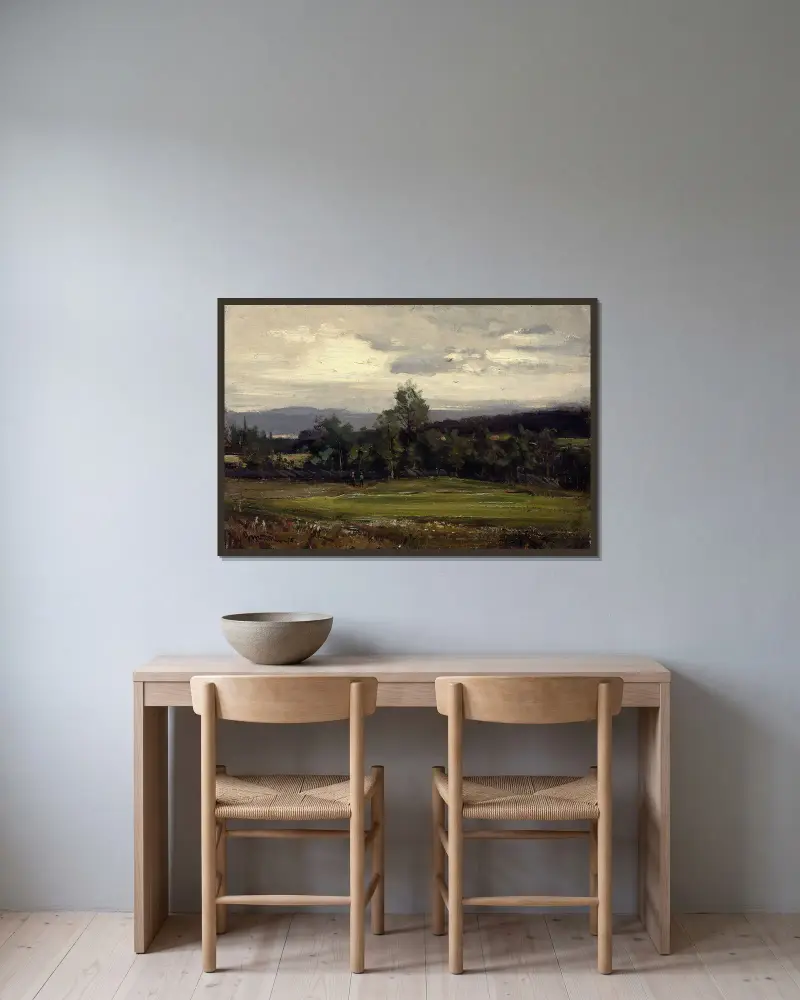 Felder bei Hedmark im Sommer von Gerhard Munthe gerahmt an einer Wand