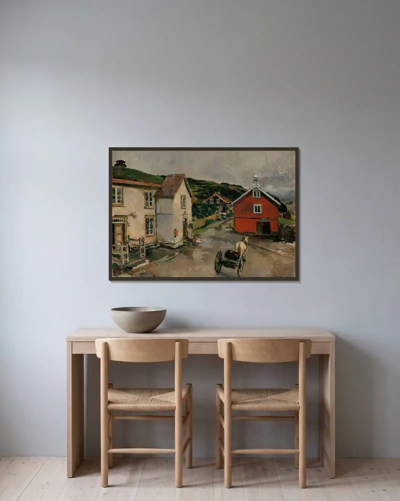 Gårdsplanen vid Kongsvoll av Gerhard Munthe inramad på en vägg