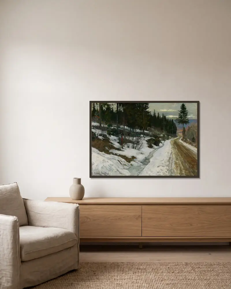 Winter in Nittedal av Gerhard Munthe inramad på en vägg