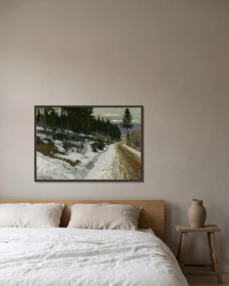 Winter in Nittedal av Gerhard Munthe inramad på en vägg