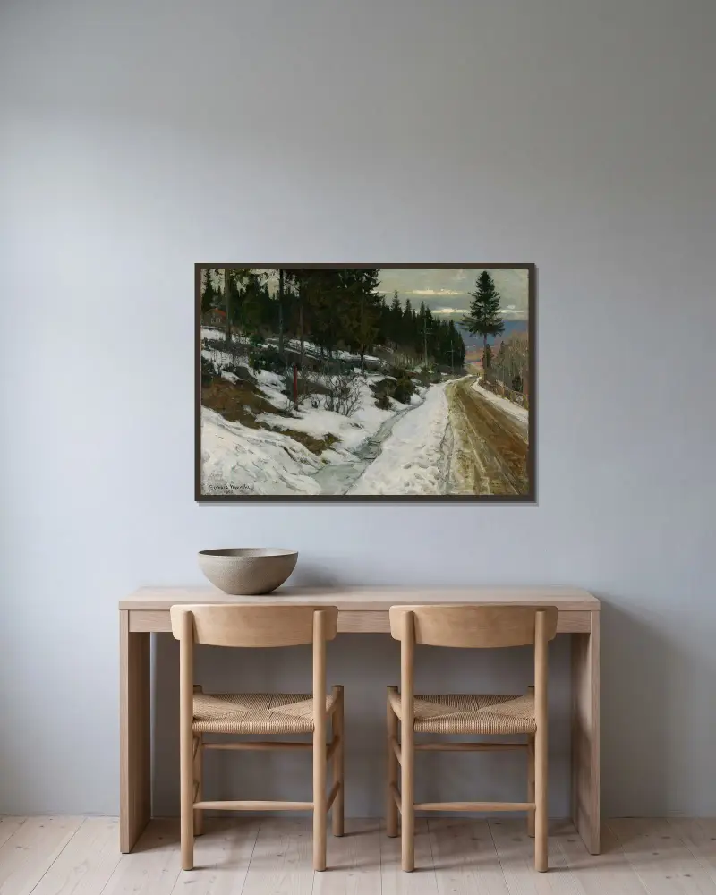 Winter in Nittedal av Gerhard Munthe inramad på en vägg