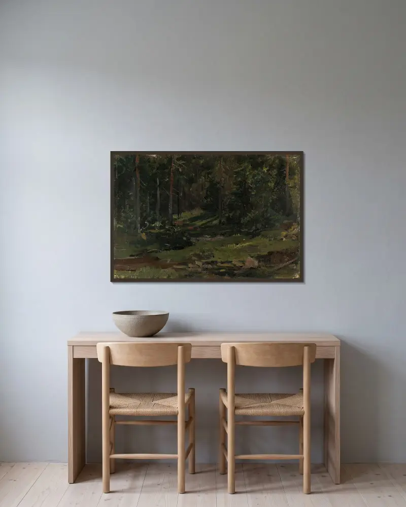 Wooded Landscape av Gerhard Munthe inramad på en vägg