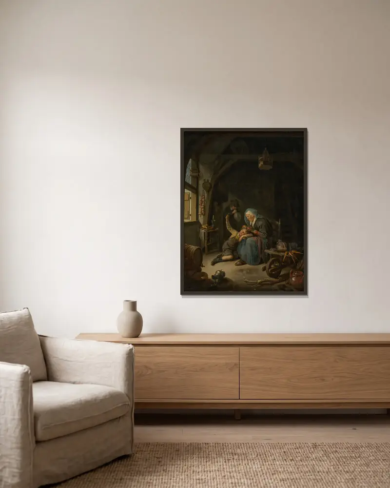 A cottage interior with an old woman (‘Rembrandt’s Mother’) delousing a boy’s hair av Gerrit Dou inramad på en vägg