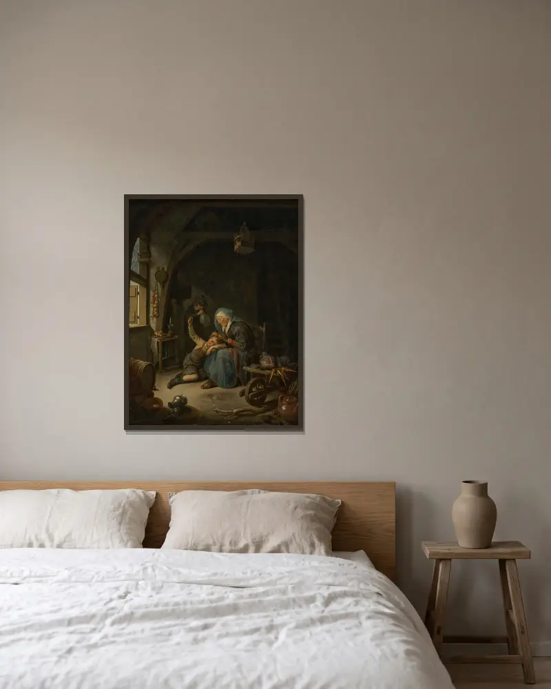 A cottage interior with an old woman (‘Rembrandt’s Mother’) delousing a boy’s hair av Gerrit Dou inramad på en vägg