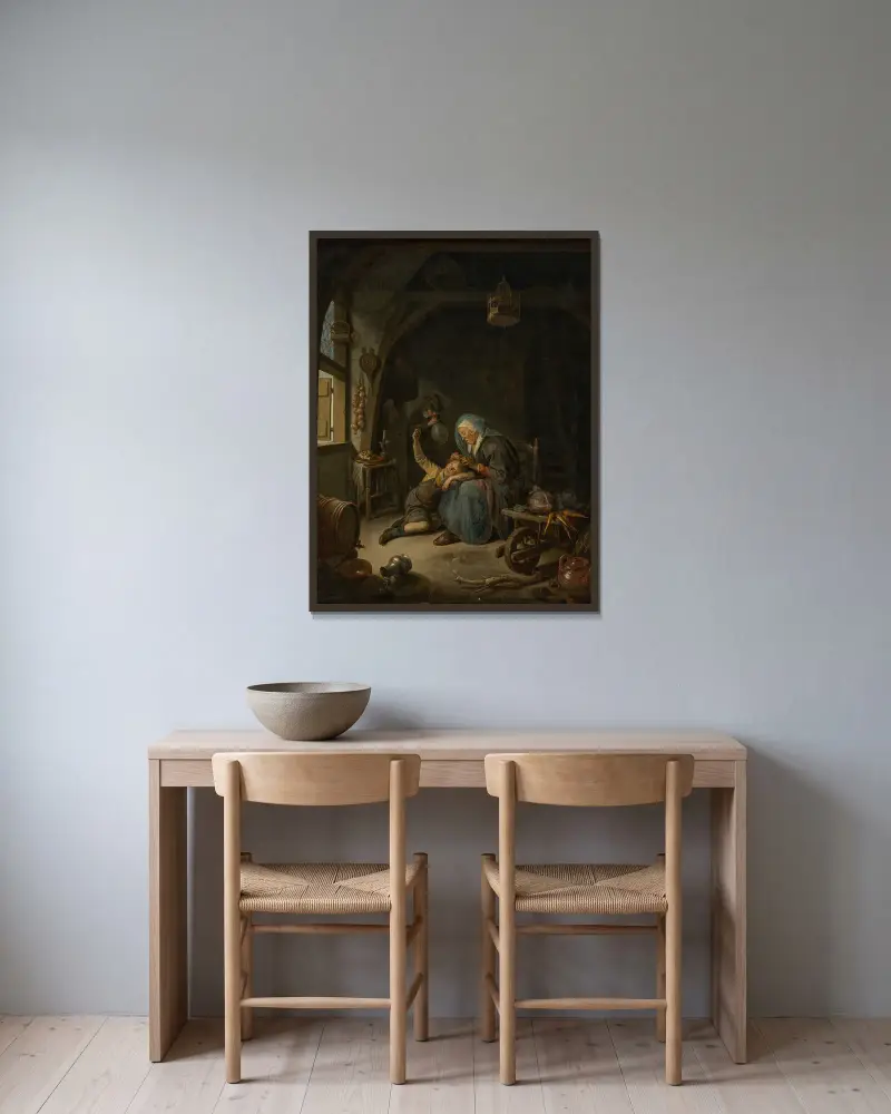 A cottage interior with an old woman (‘Rembrandt’s Mother’) delousing a boy’s hair av Gerrit Dou inramad på en vägg