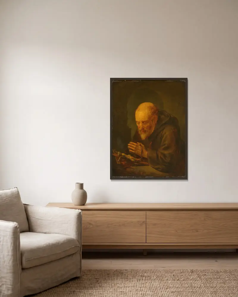 A Hermit in Prayer av Gerrit Dou inramad på en vägg