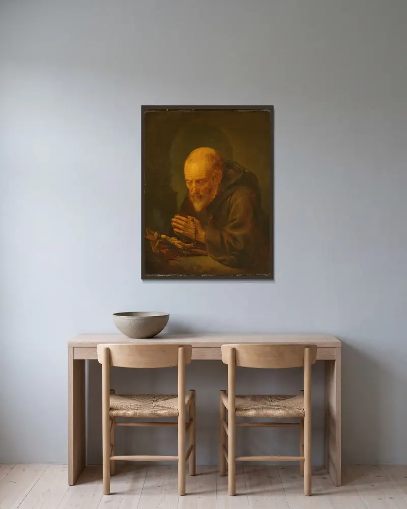 A Hermit in Prayer av Gerrit Dou inramad på en vägg