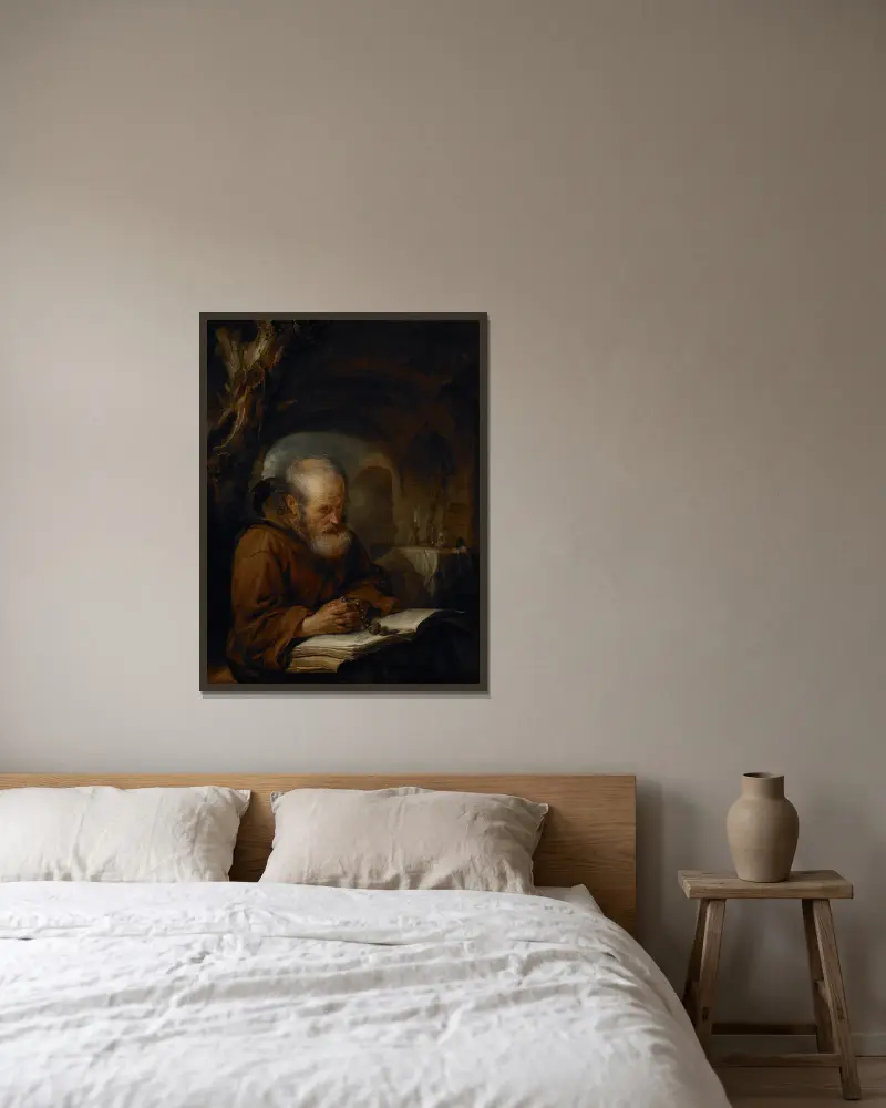 A Hermit Praying av Gerrit Dou inramad på en vägg