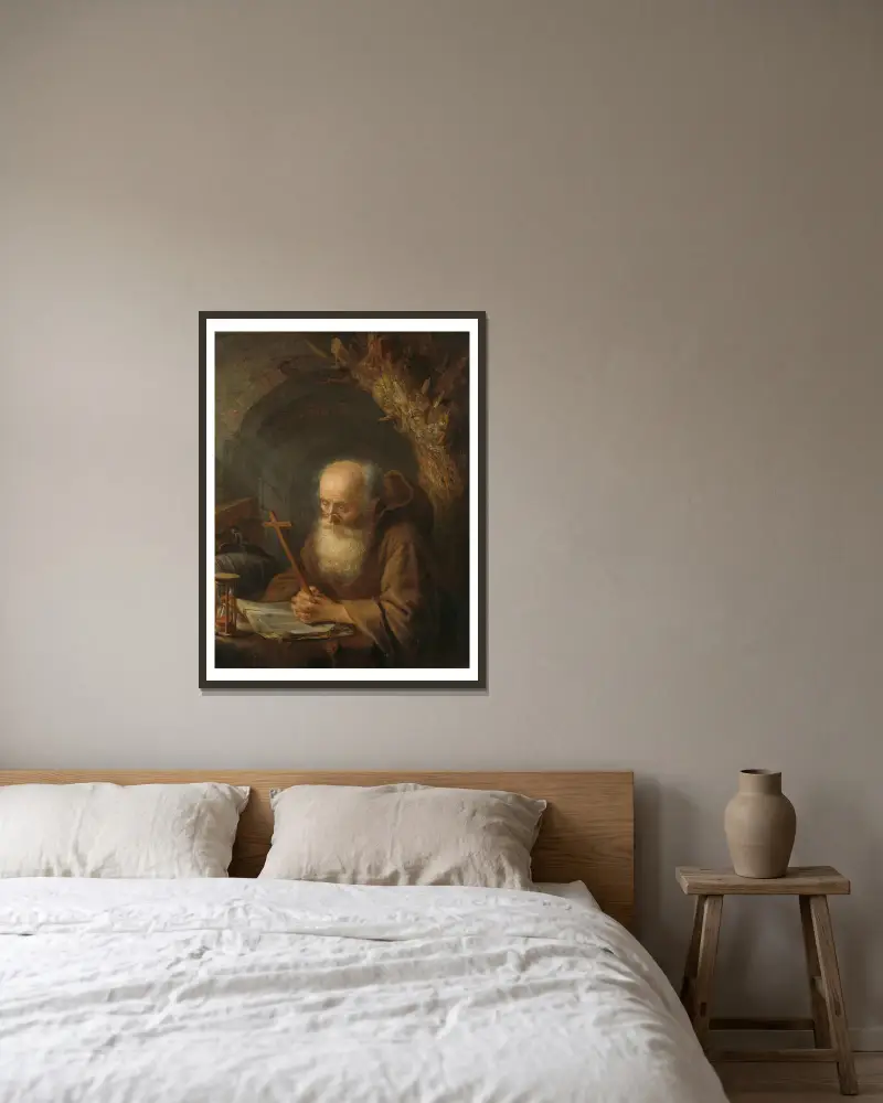 A Hermit av Gerrit Dou inramad på en vägg