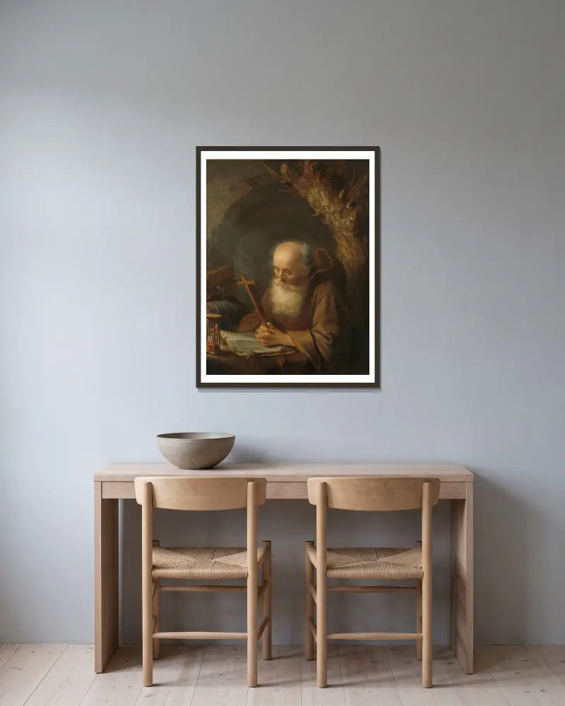 A Hermit av Gerrit Dou inramad på en vägg