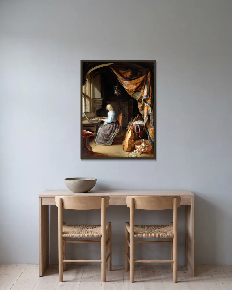A Woman playing a Clavichord av Gerrit Dou inramad på en vägg