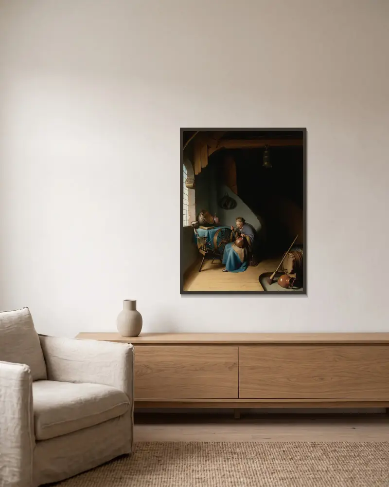 Eine alte Frau, an ihrem Spinnrad am Fenster sitzend, Grütze essend von Gerrit Dou gerahmt an einer Wand