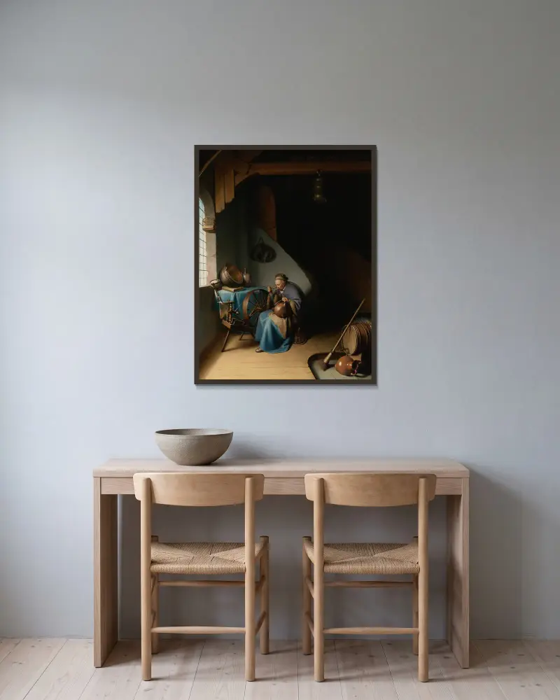 Eine alte Frau, an ihrem Spinnrad am Fenster sitzend, Grütze essend von Gerrit Dou gerahmt an einer Wand