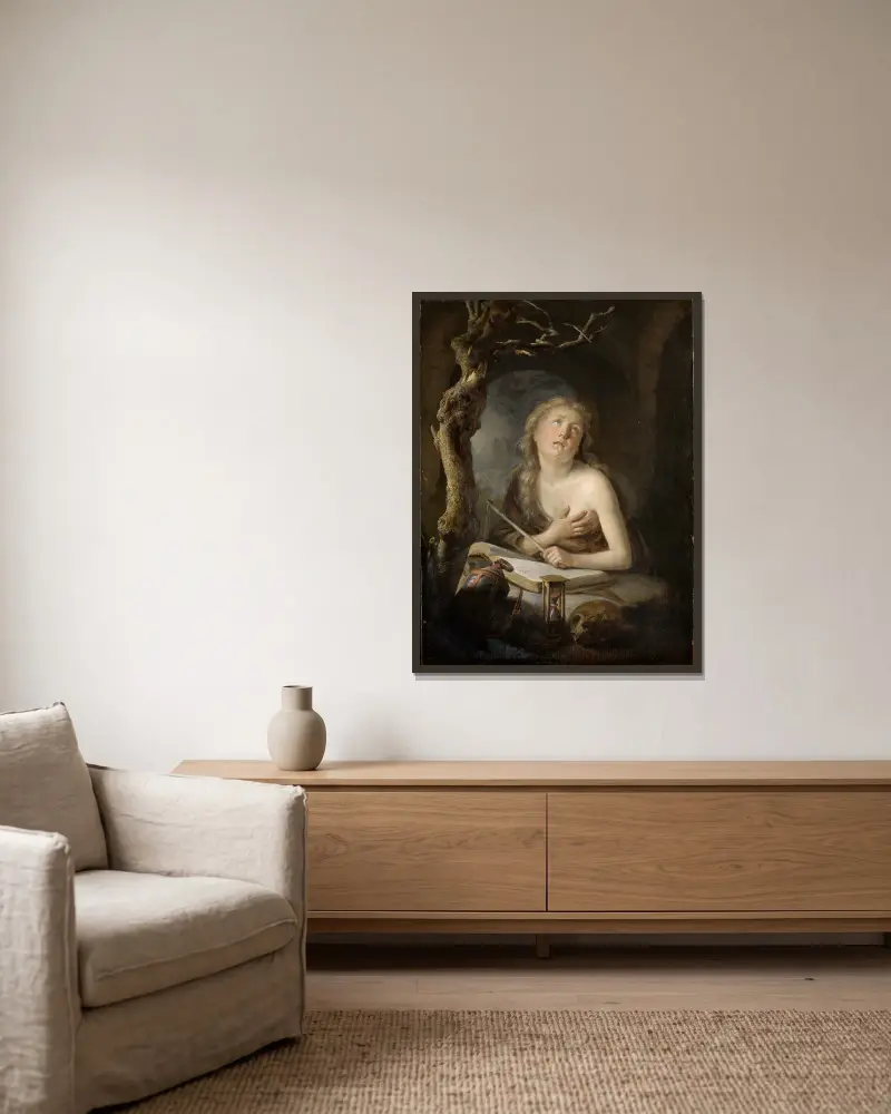 Die büssende Maria Magdalena in der Einöde av Gerrit Dou inramad på en vägg
