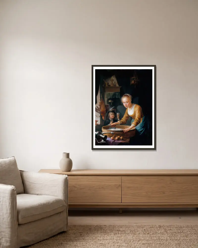 Girl Chopping Onions av Gerrit Dou inramad på en vägg