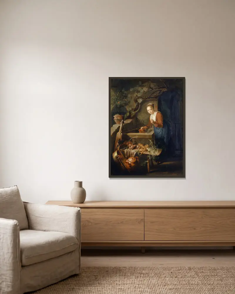 Služebná v kuchyni u studny, Gerrit Dou v rámu na stěně