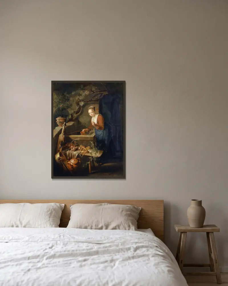 Služebná v kuchyni u studny, Gerrit Dou v rámu na stěně