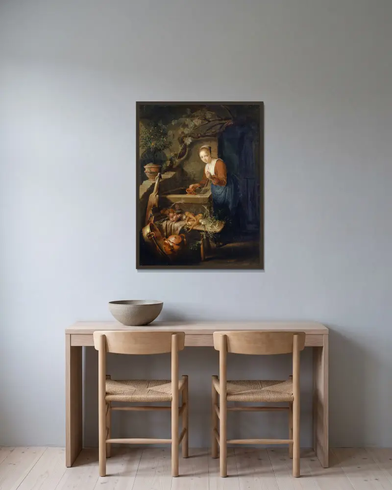 Služebná v kuchyni u studny, Gerrit Dou v rámu na stěně