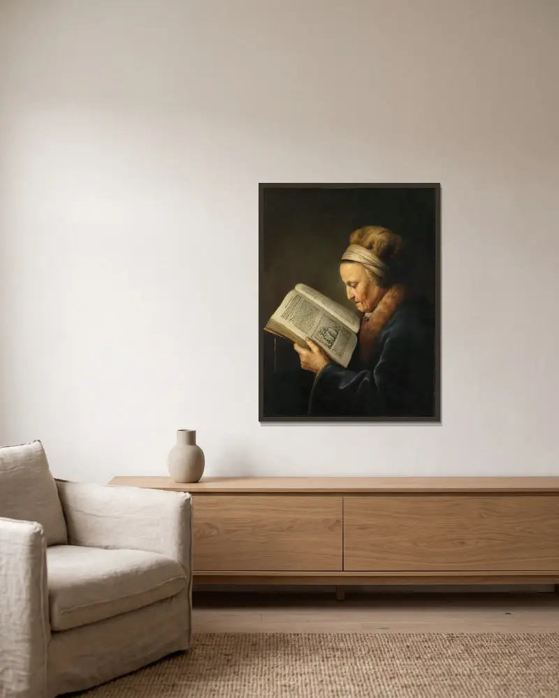 Old Woman Reading av Gerrit Dou inramad på en vägg
